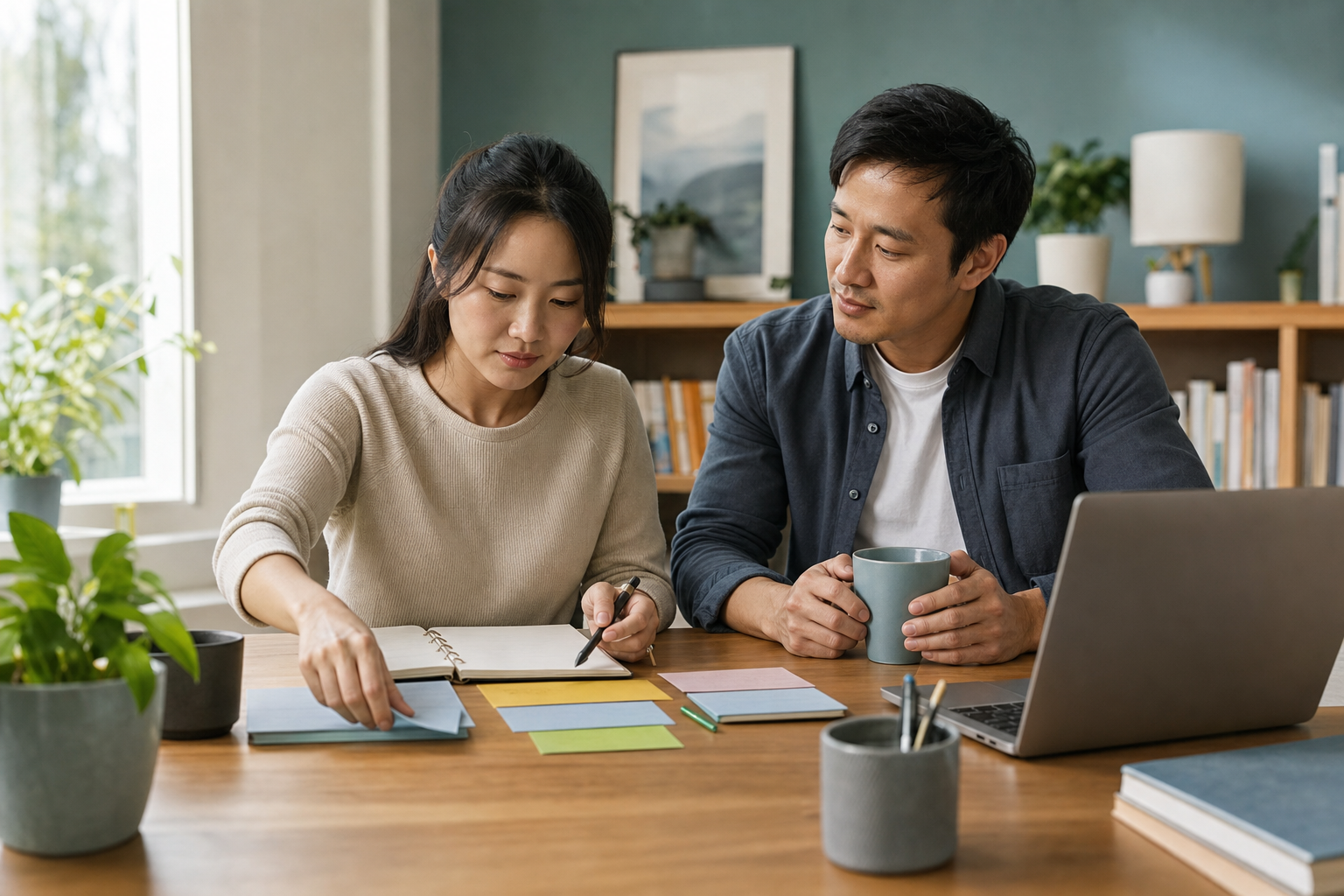 Two Asian adults using a planner and task cards to organize responsibilities