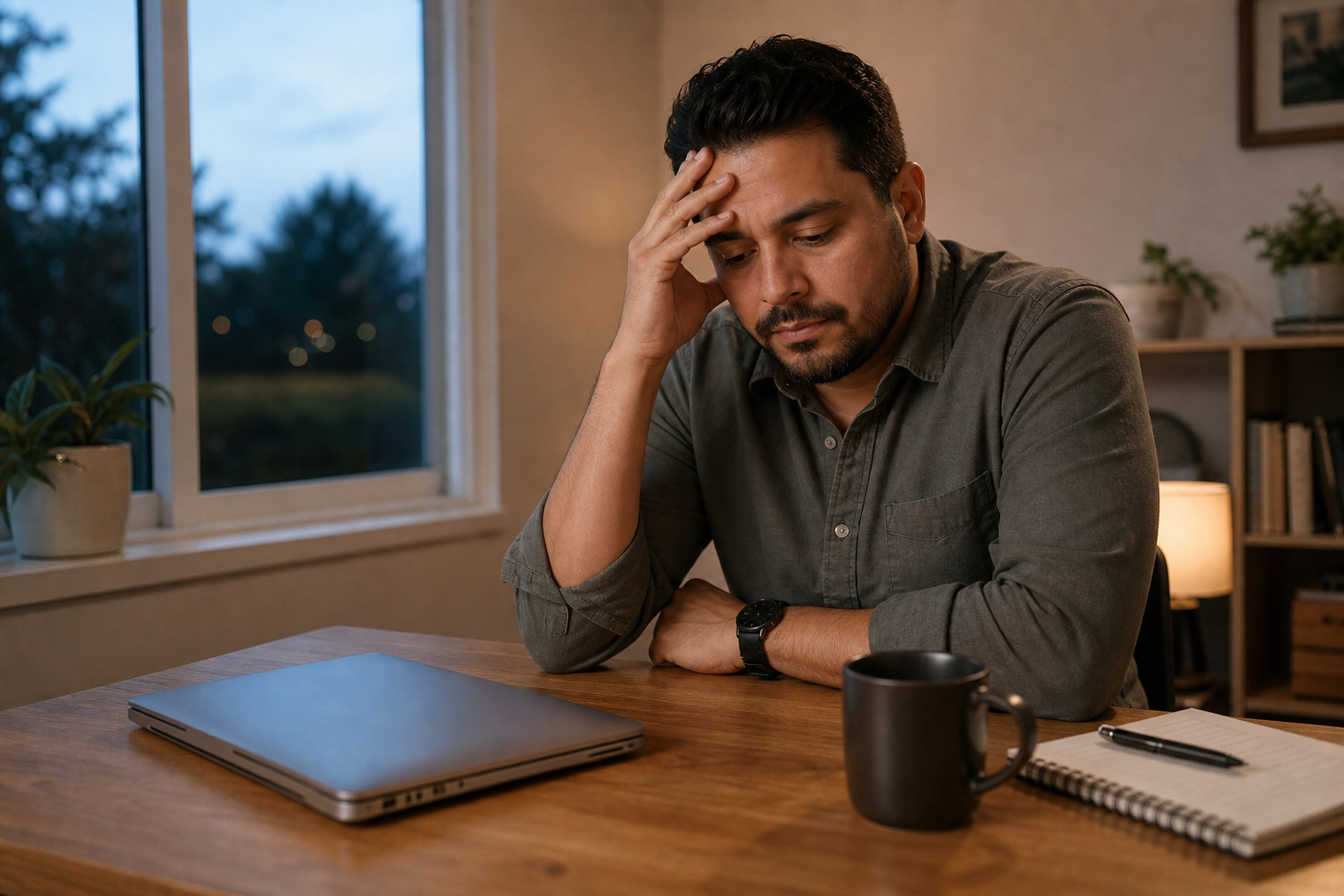 A tired Hispanic man reflecting at his home-office desk after work