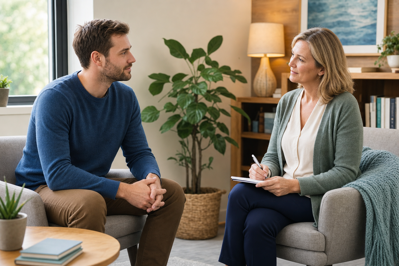 A patient having a calm first conversation with a psychiatric provider