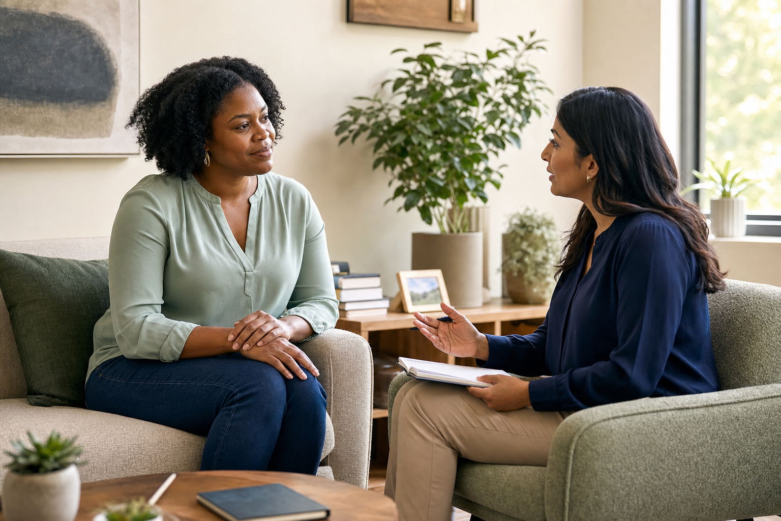 A patient and psychiatric provider discussing mental health treatment options together